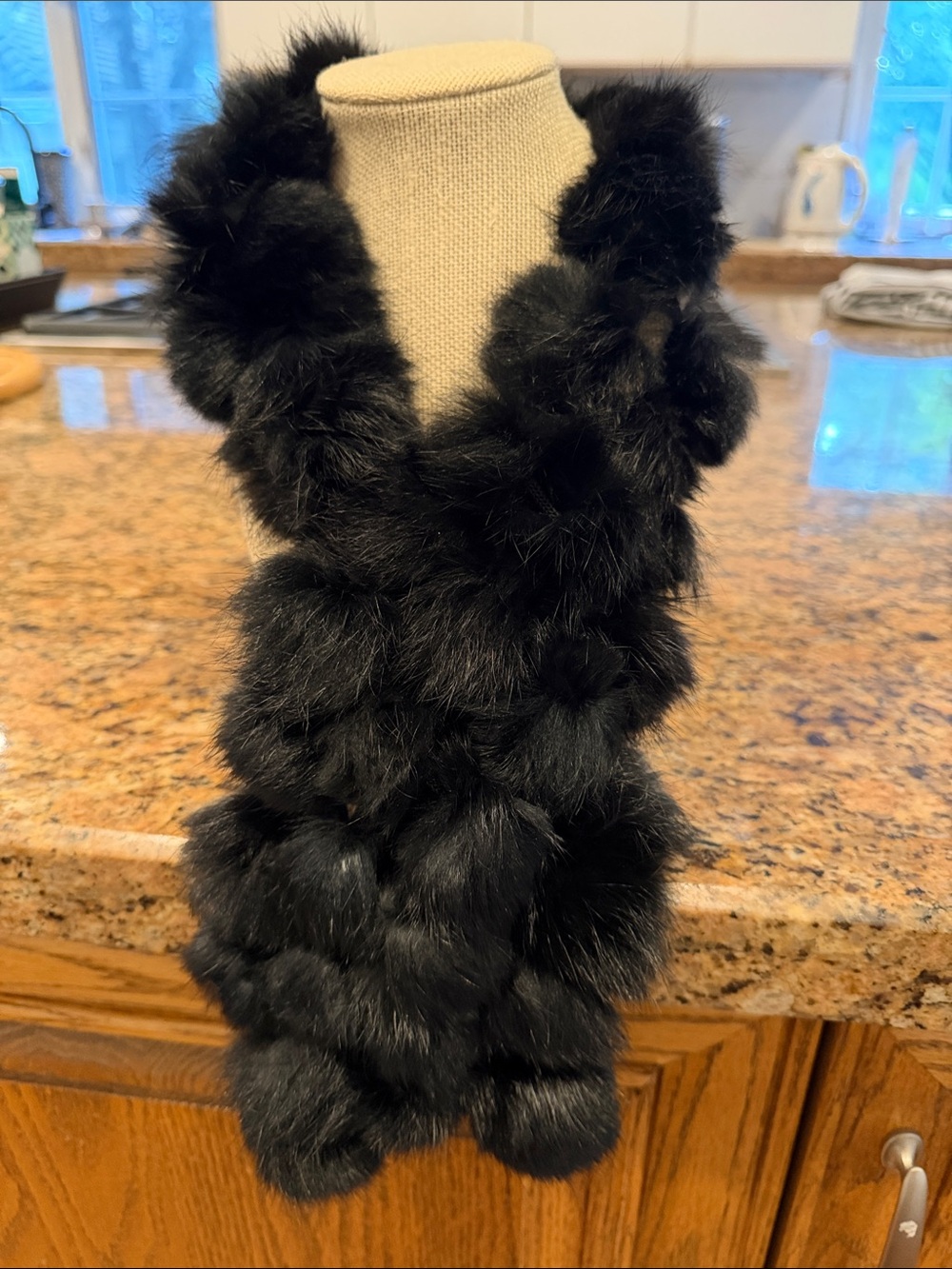 Rabbit fur black scarf pom pom ends